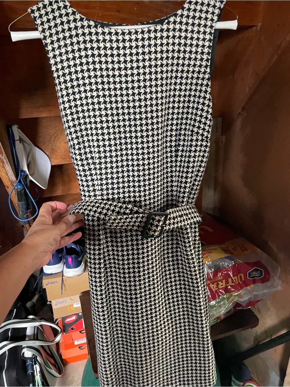 LOFT Black and White Houndstooth Belted Sheath Dress